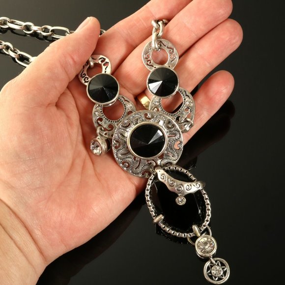 Chunky DG Necklace Black Stone Silver Tone - Picture 14 of 14